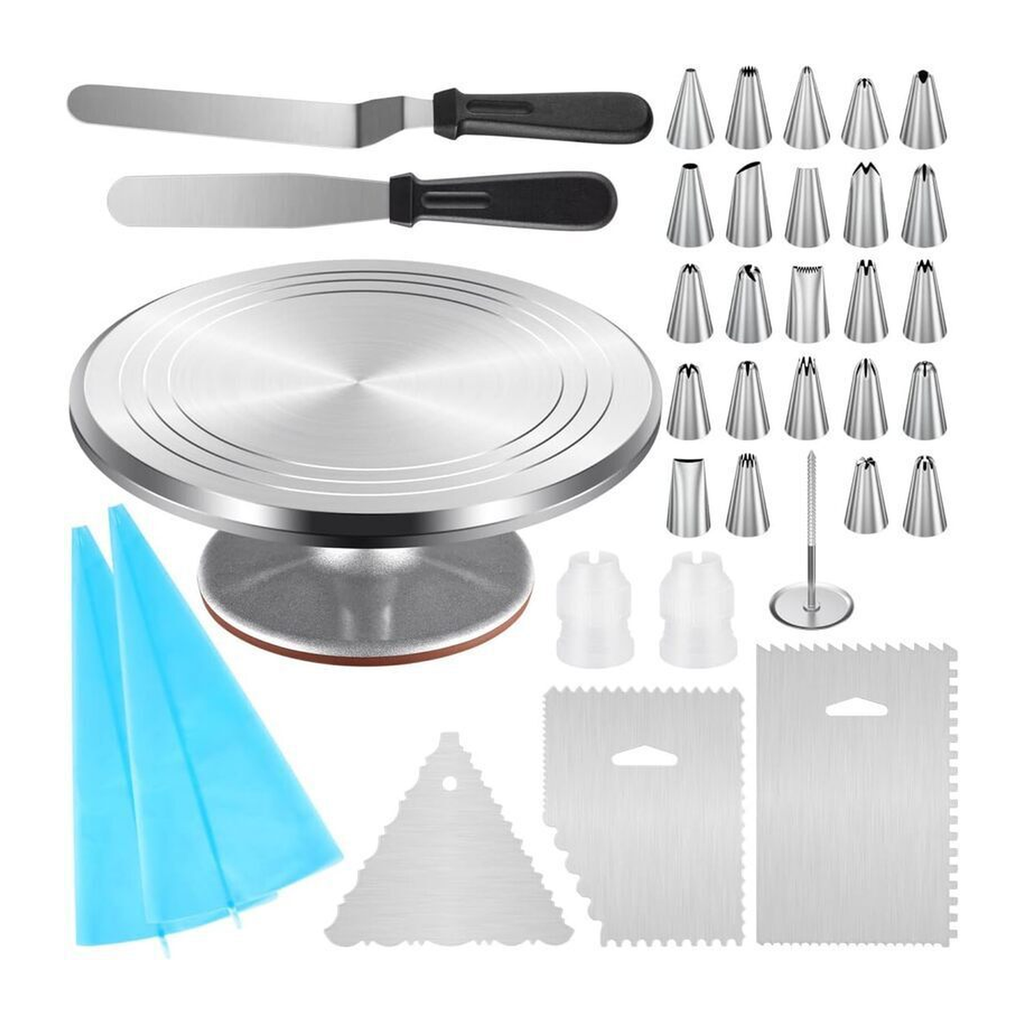 Original 35-piece cake turntable tool assortment on white with24piping tips