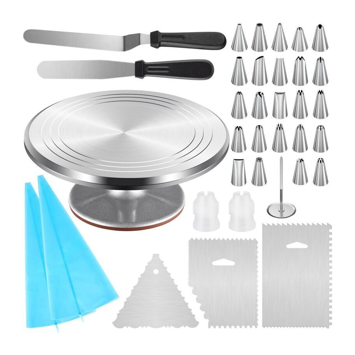 Original 35-piece cake turntable tool assortment on white with24piping tips
