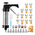 Representative black-handled cookie press and decorating accessories on white