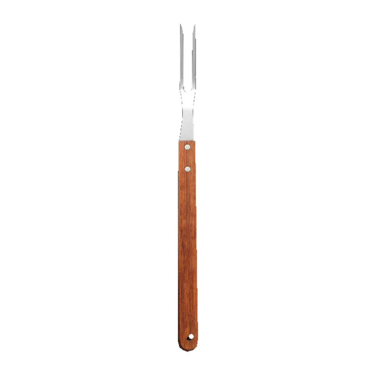 Representative wood-handle two-prong carving fork on white