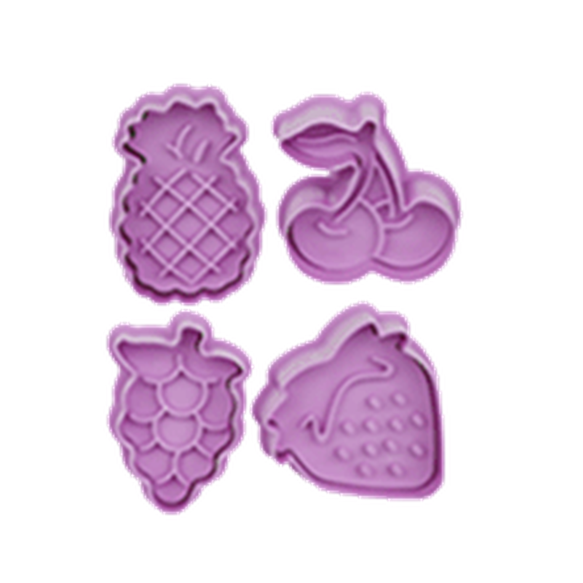 Four original purple Fruit cookie cutter stamp faces on white