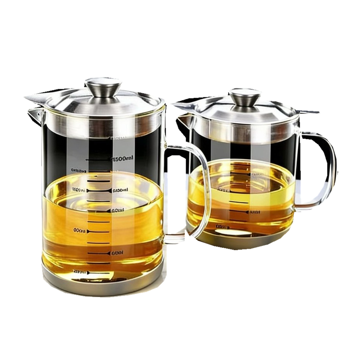 Original 1 L and1.5 L glass oil jugs with lids on white