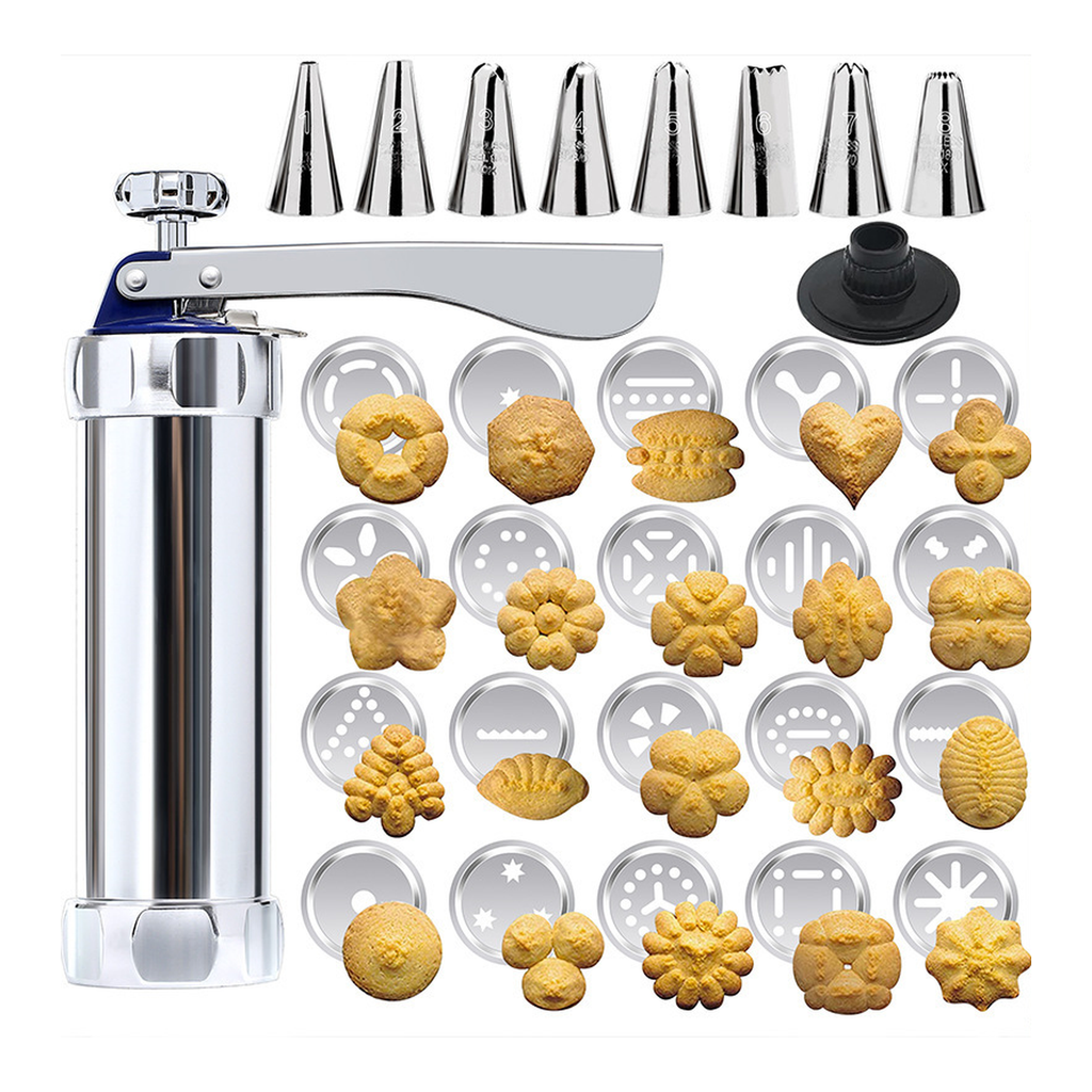 Cookie press with20original discs and8piping tips on white