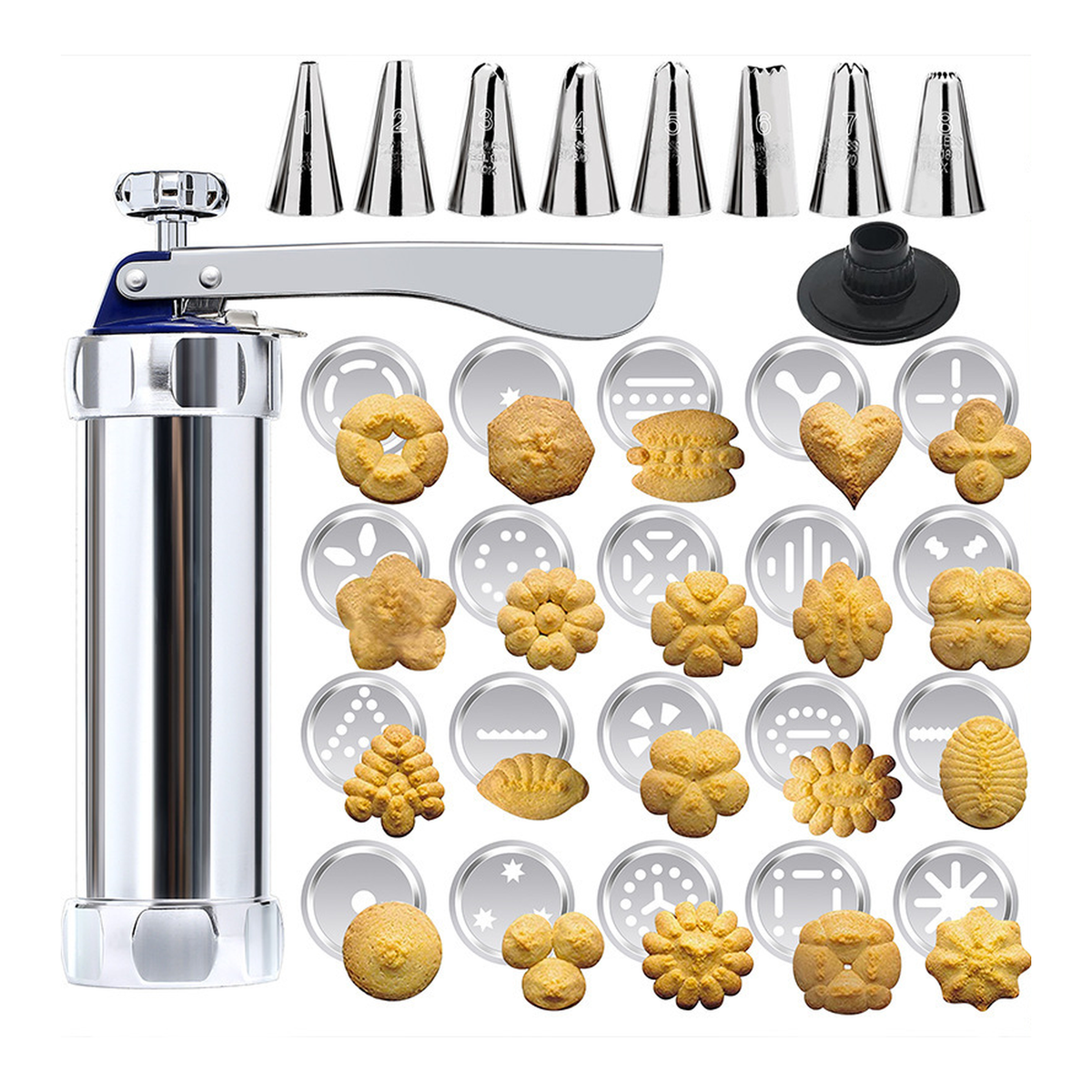 Cookie press with20original discs and8piping tips on white