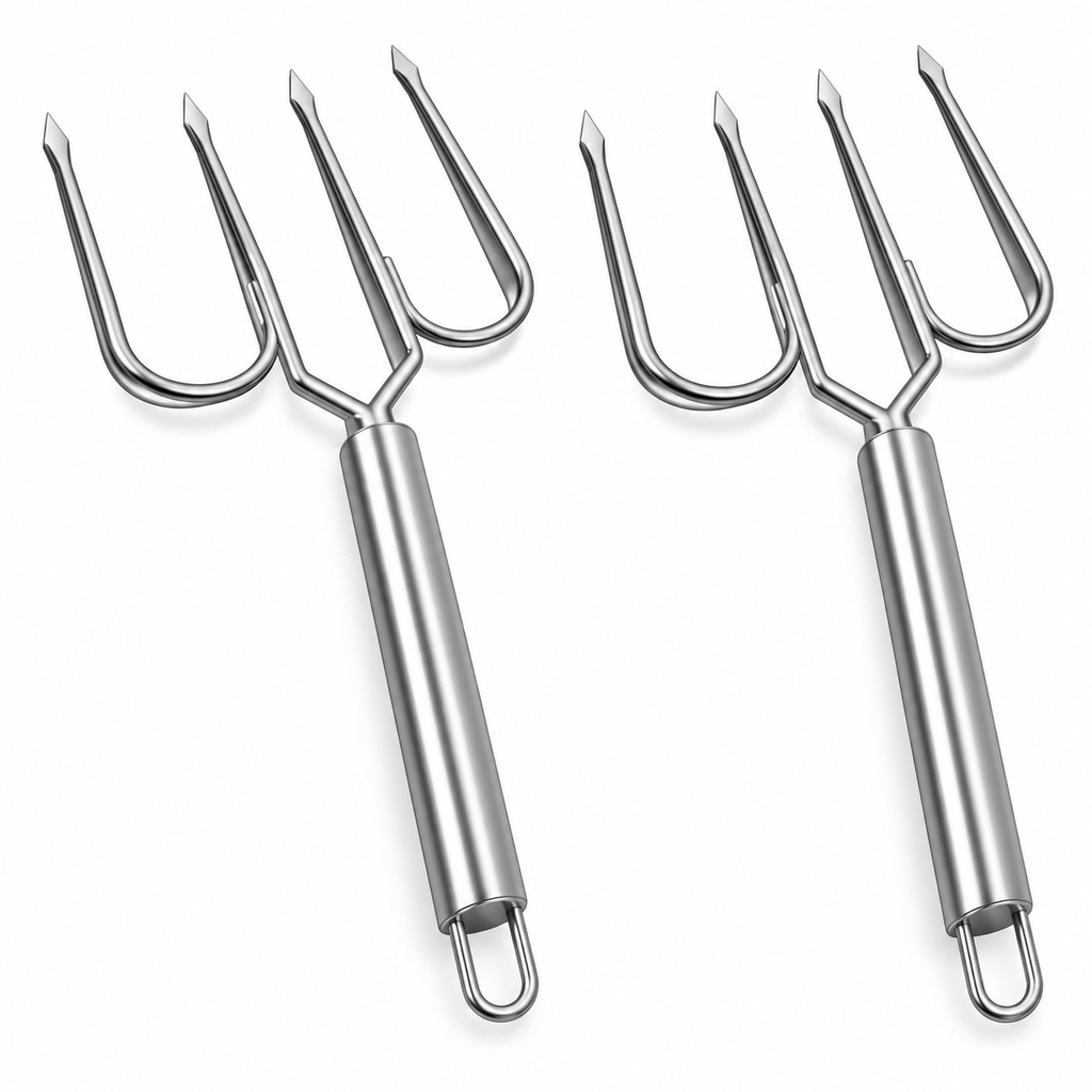 Two stainless steel four-tip turkey lifting forks on white