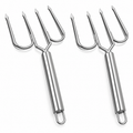 Two stainless steel four-tip turkey lifting forks on white