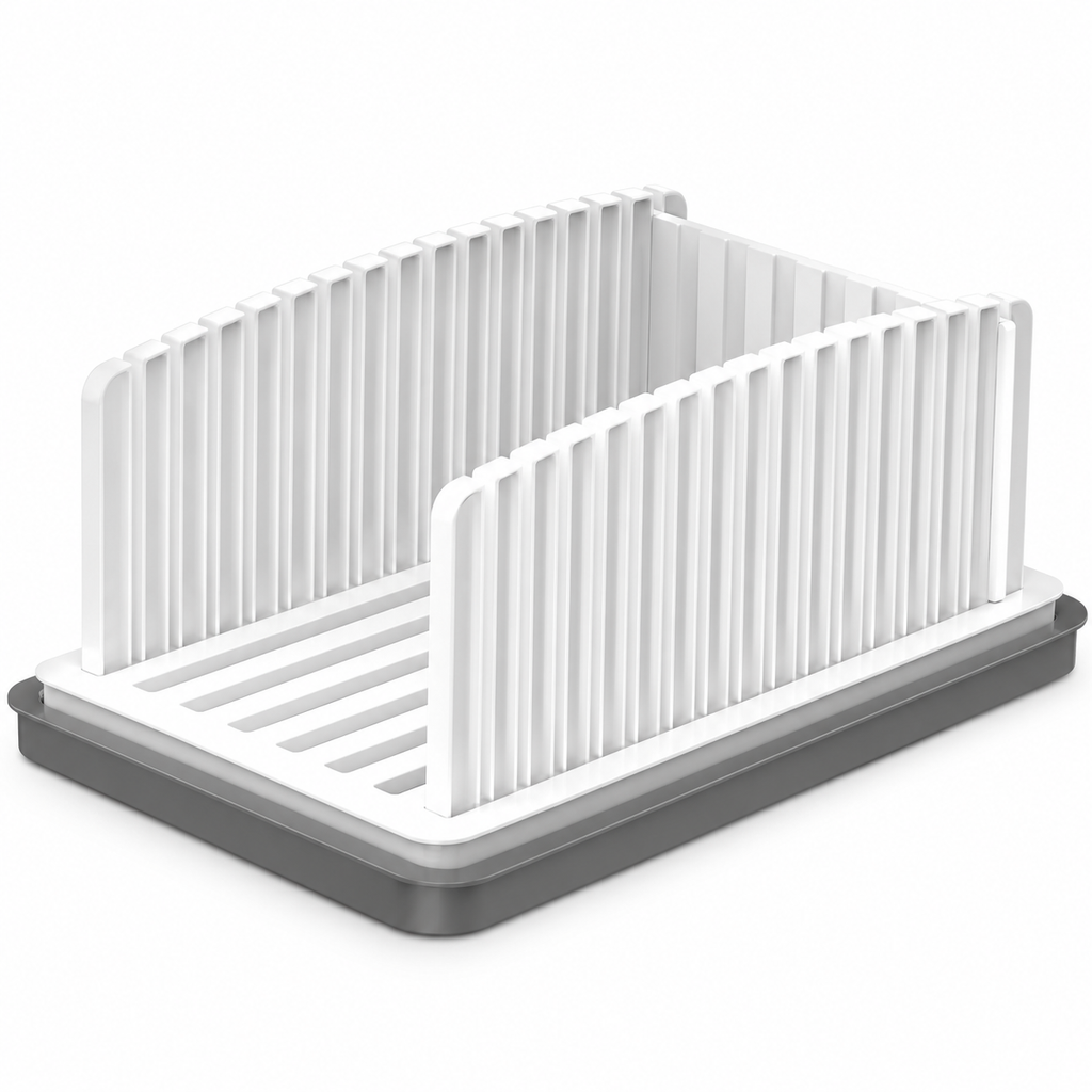 White manual bread slicing guide with one gray crumb tray on a white background