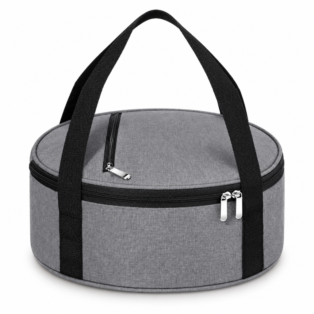 Gray10L round insulated lunch bag with paired carry handles on white