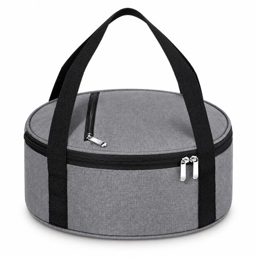 Gray10L round insulated lunch bag with paired carry handles on white