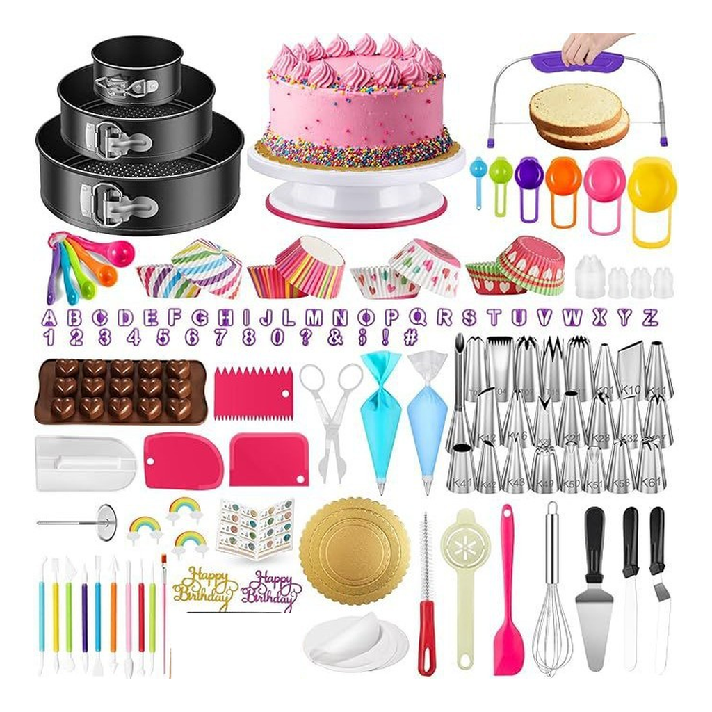 Original representative cake decorating and baking tool assortment on white