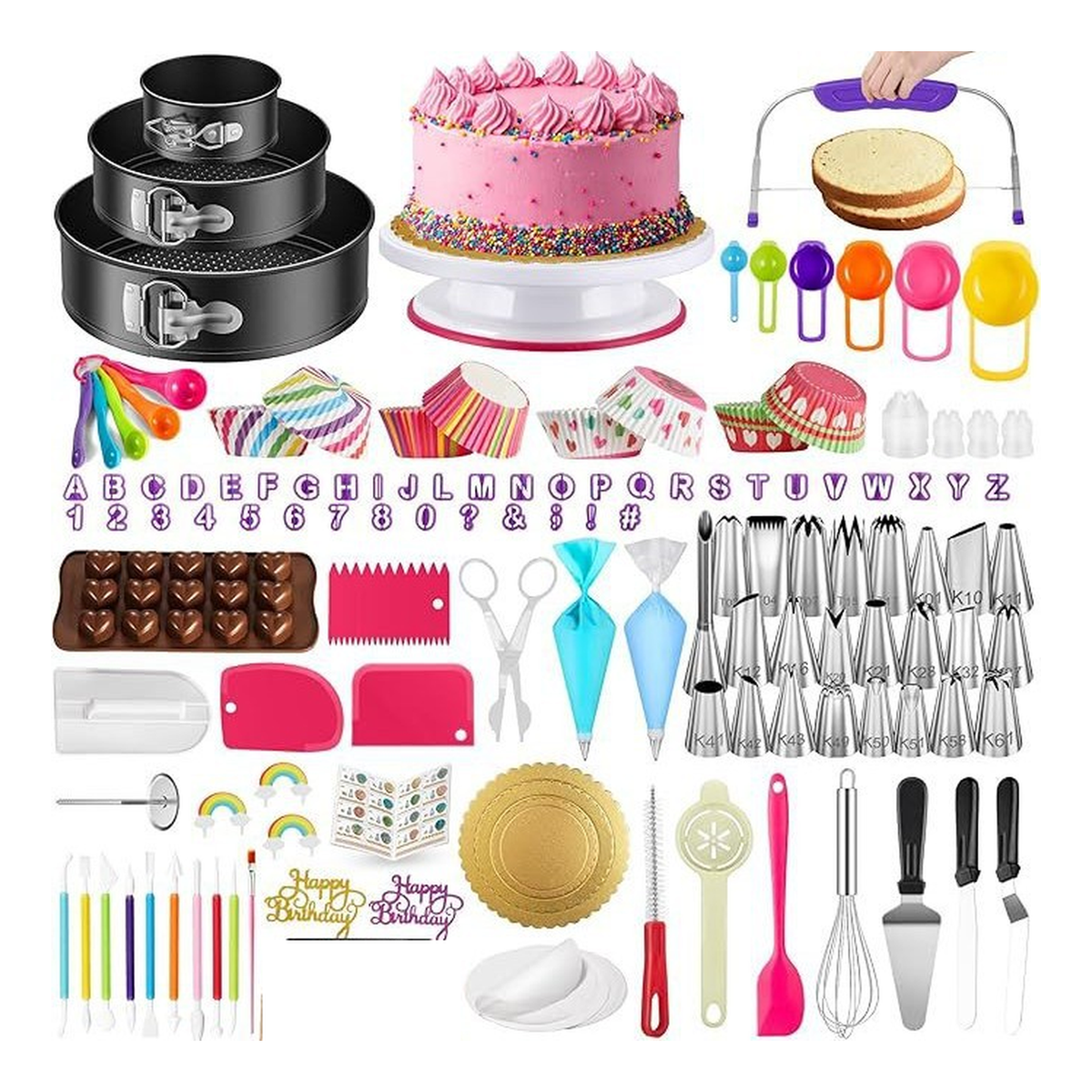 Original representative cake decorating and baking tool assortment on white