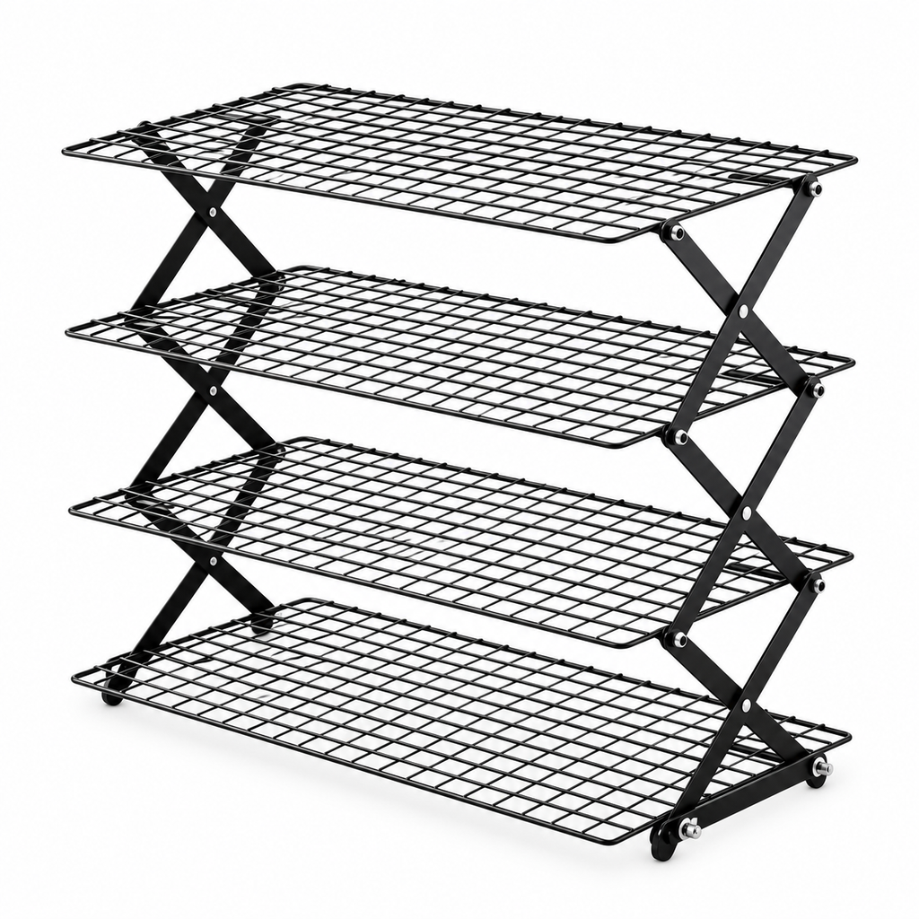 Black four-tier collapsible wire cooling rack on white