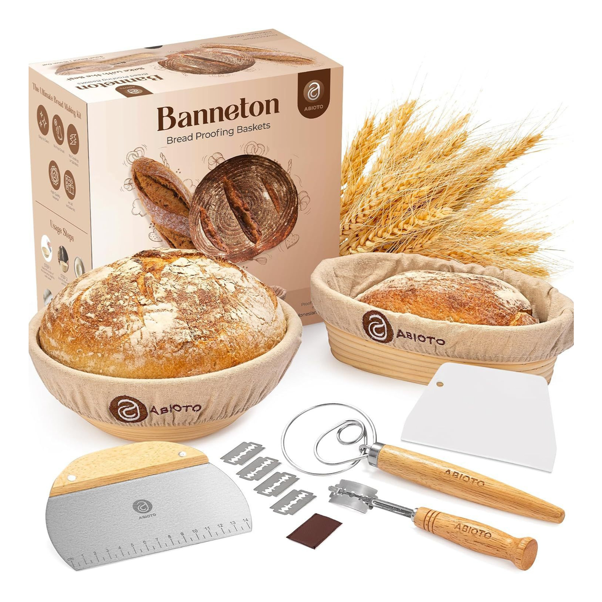 Original representative proofing basket and bread tool assortment on white