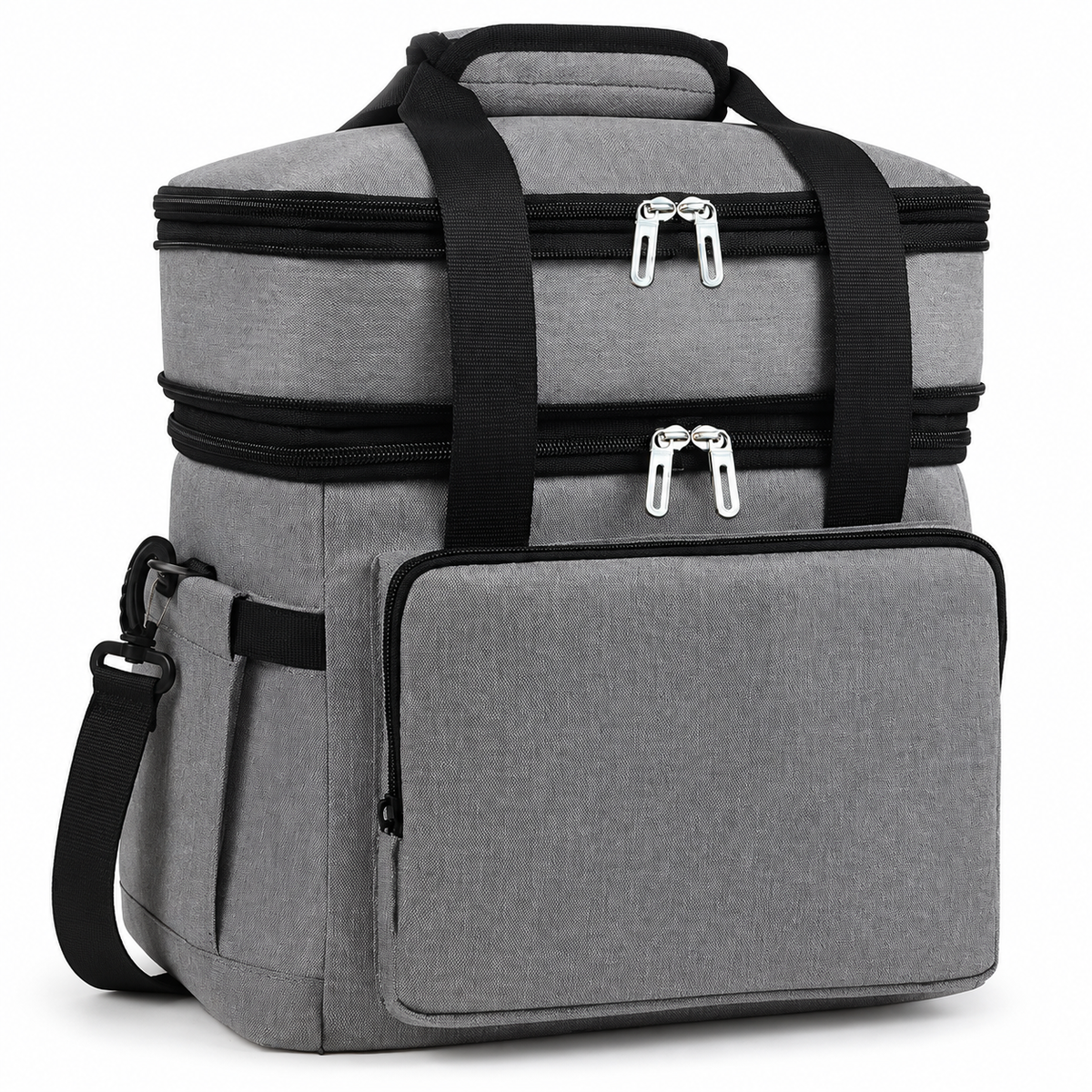Gray18L double-layer insulated food bag with handles and shoulder strap on white