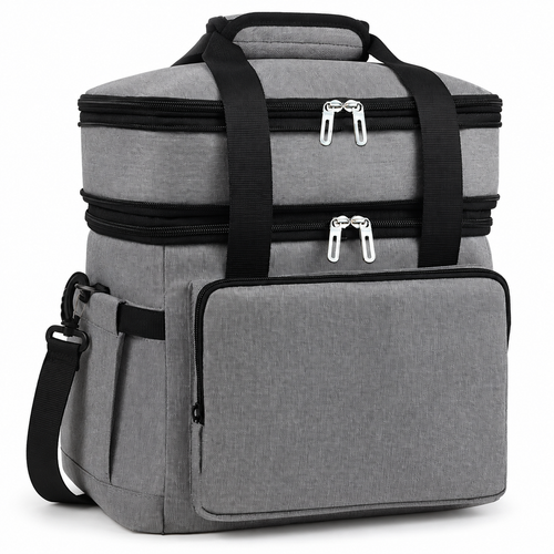 Gray18L double-layer insulated food bag with handles and shoulder strap on white