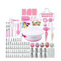 Original representative Pink cake turntable and decorating accessory assortment on white