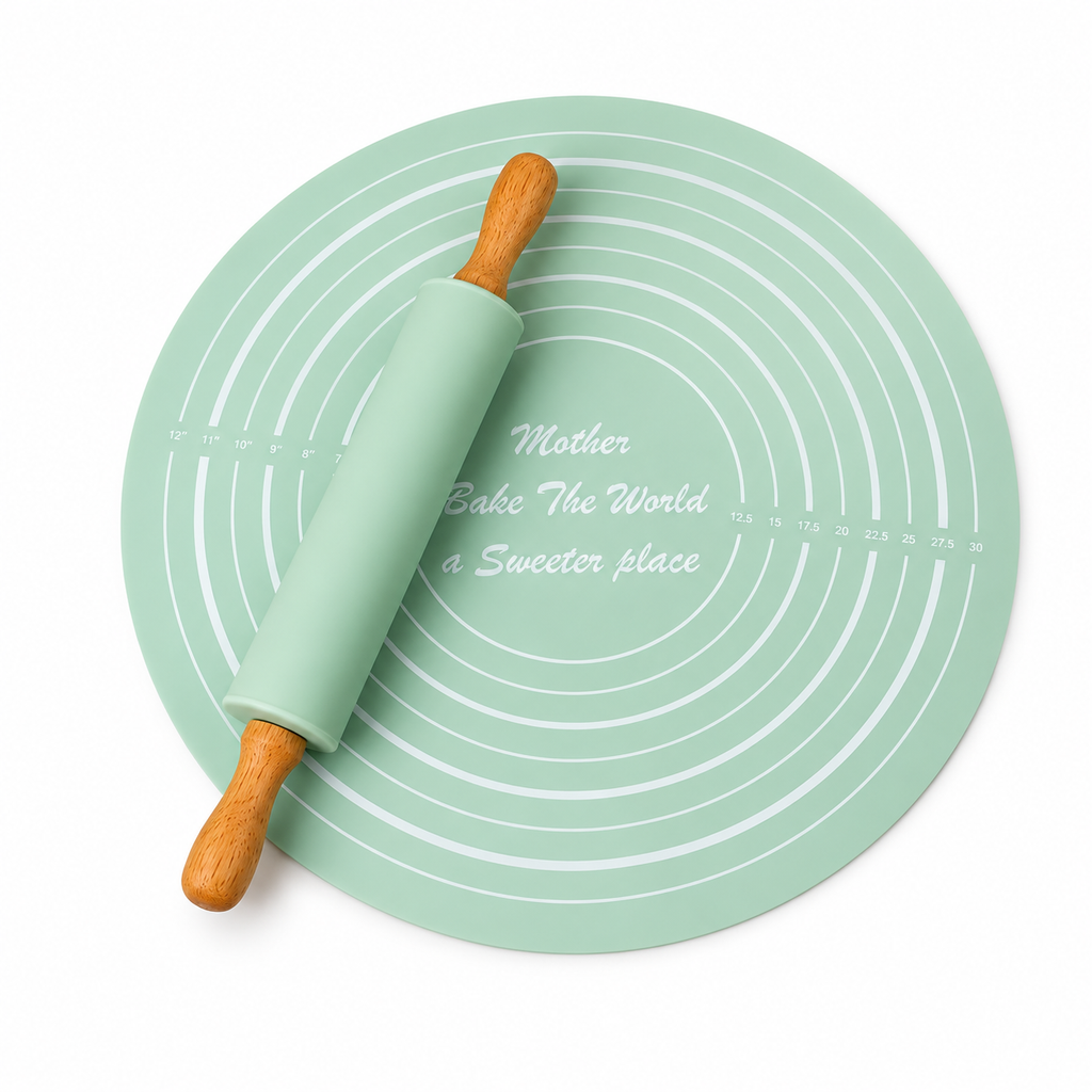Representative Green round pastry mat and wood-handle rolling pin on white