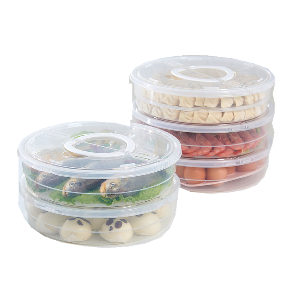 Original representative round food containers with lids and handles on white