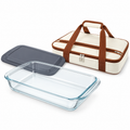 Representative rectangular glass dish lid and insulated carrier on white