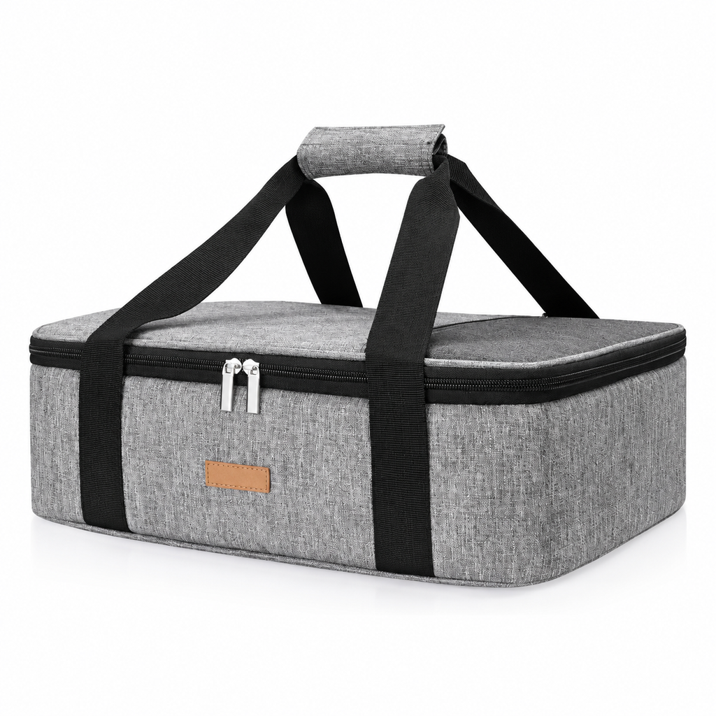 Representative Gray rectangular insulated casserole carry bag on white