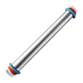 Original adjustable stainless steel rolling pin with installed colored rings on white