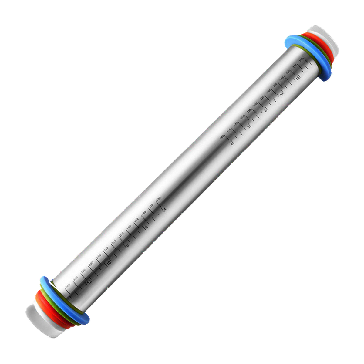 Original adjustable stainless steel rolling pin with installed colored rings on white