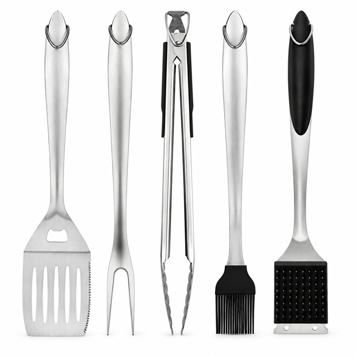 Five-piece BBQ tool set on white: spatula, fork, tongs, basting brush and cleaning brush