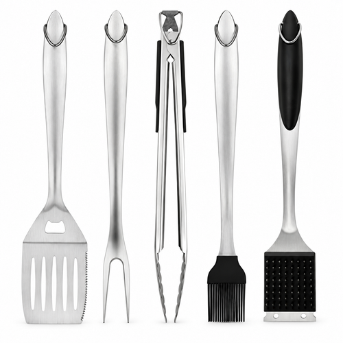 Five-piece BBQ tool set on white: spatula, fork, tongs, basting brush and cleaning brush