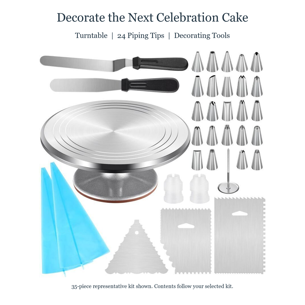 Source-preserved cake decorating kit features and selected-kit disclosure
