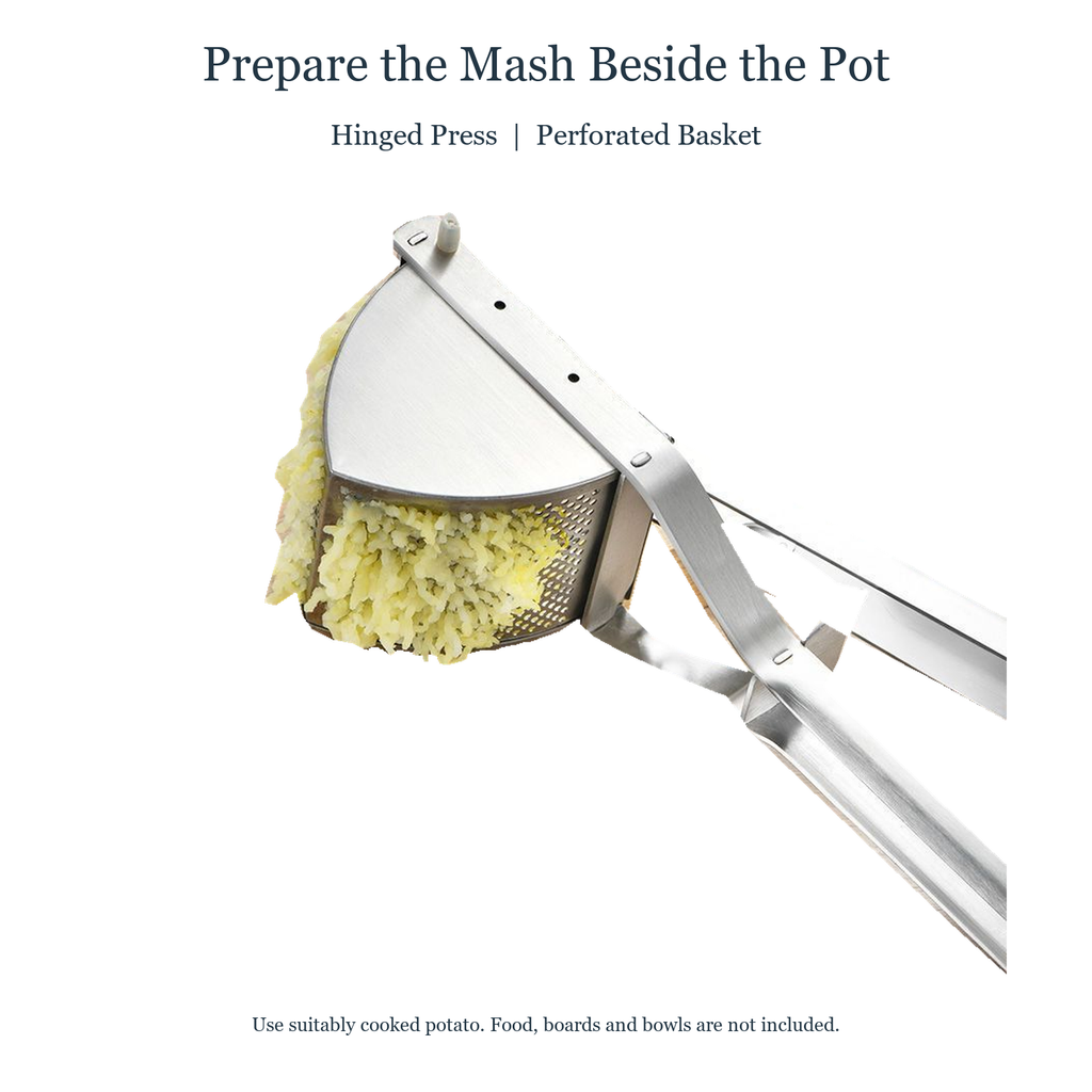Hinged manual ricer and perforated basket features