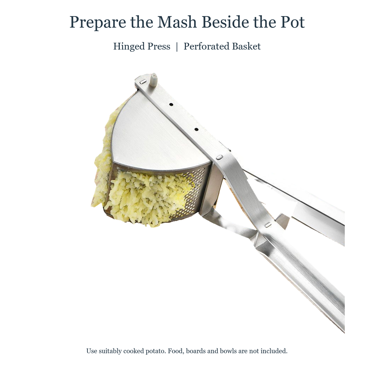 Hinged manual ricer and perforated basket features