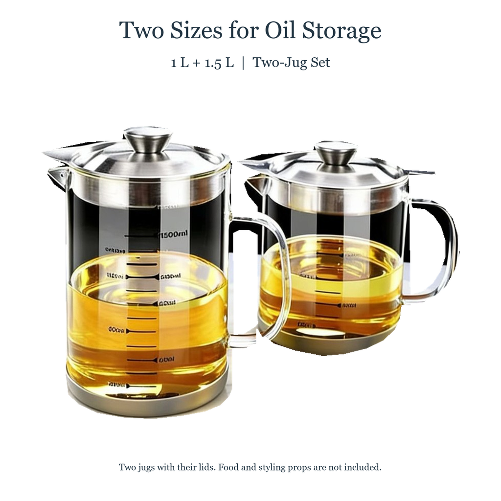 Two-size glass oil jug set features and included contents