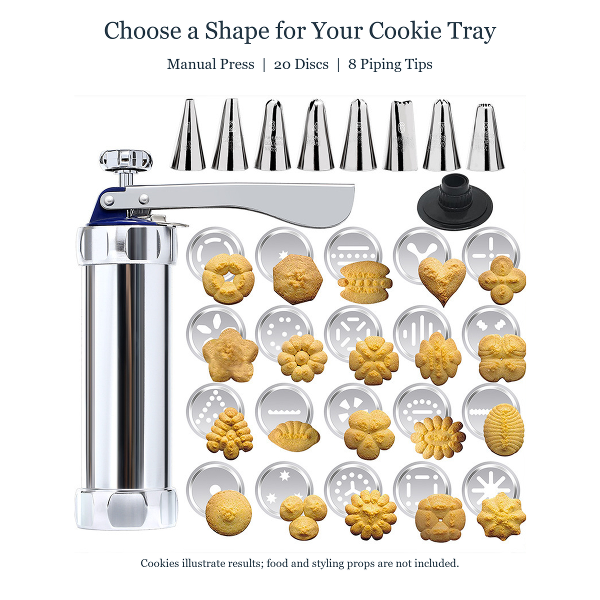 Manual cookie press features with20discs and8tips