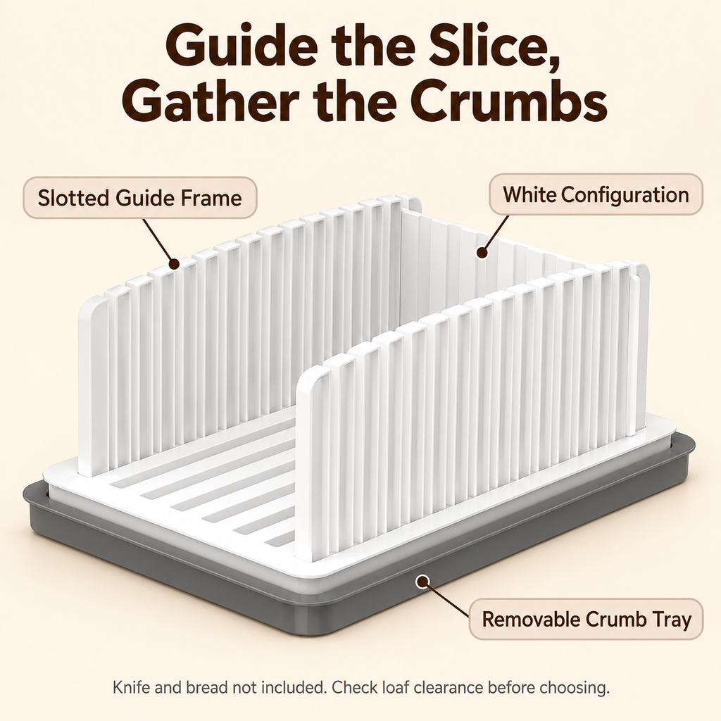 Bread slicing guide features: slotted frame and removable crumb tray