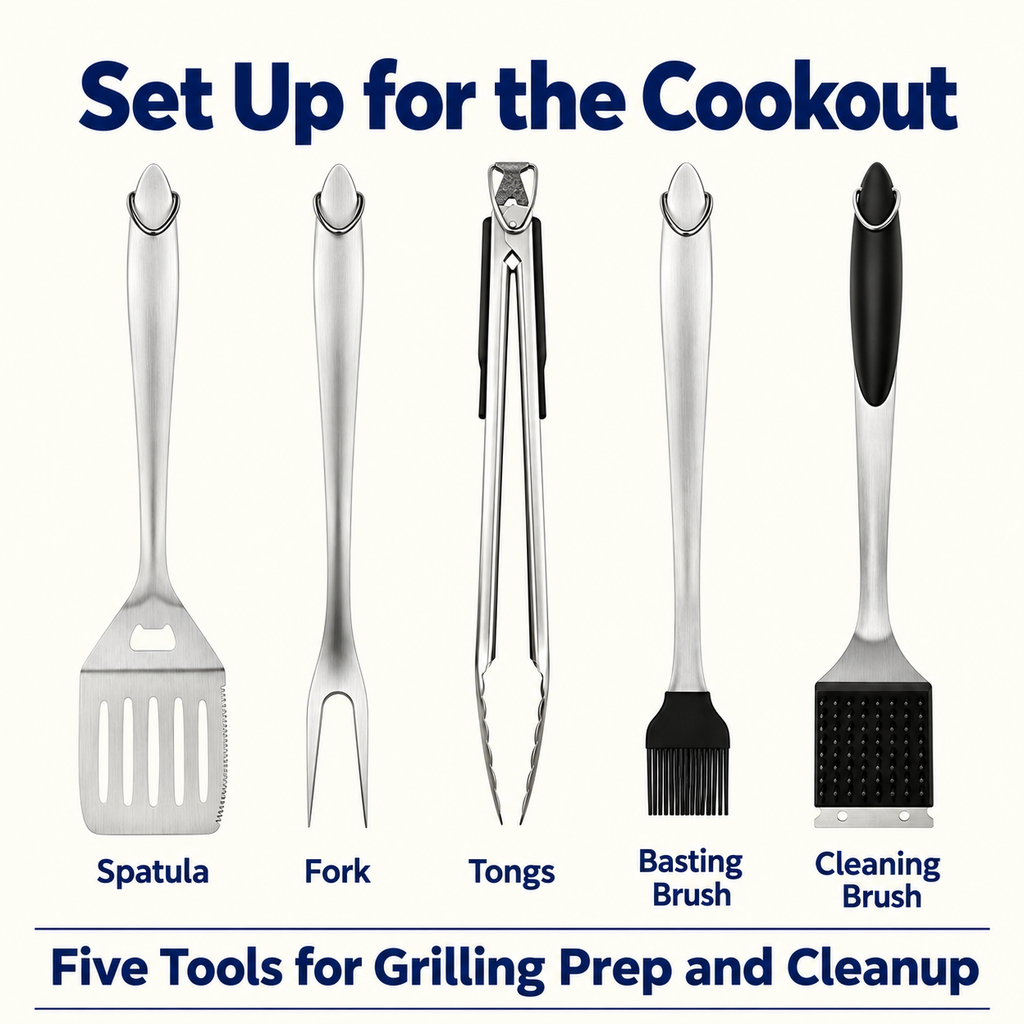 Five grilling tools identified individually in English