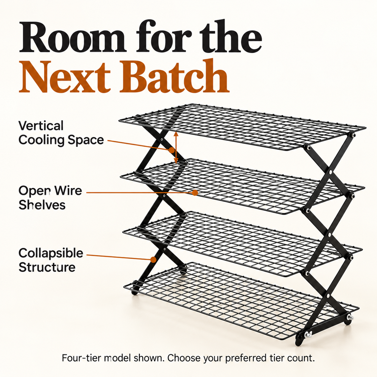 Four-tier representative rack showing vertical cooling space and wire shelves