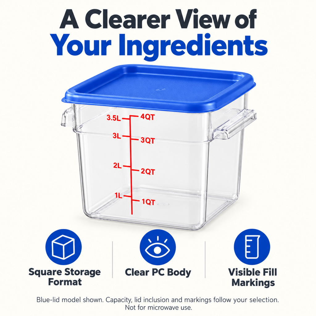 Square food container capacity lid and marking-style selection features