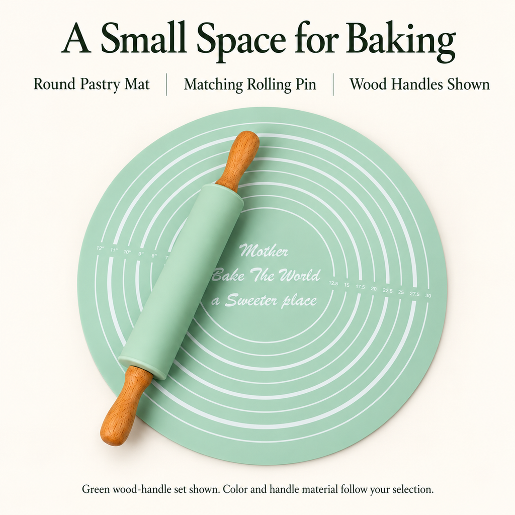 Round pastry mat and rolling pin features