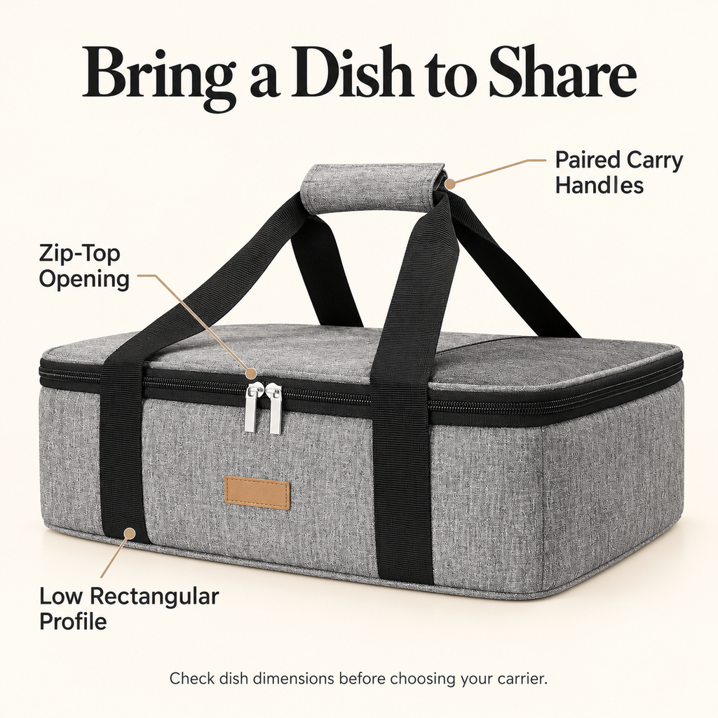 Casserole carrier zip opening and paired handle features