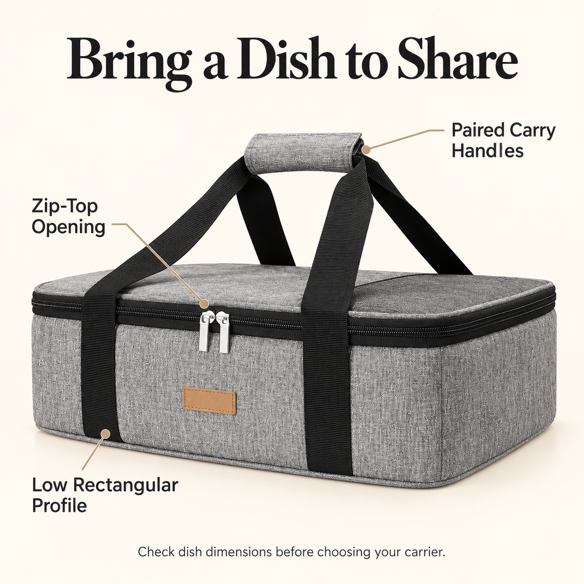 Casserole carrier zip opening and paired handle features