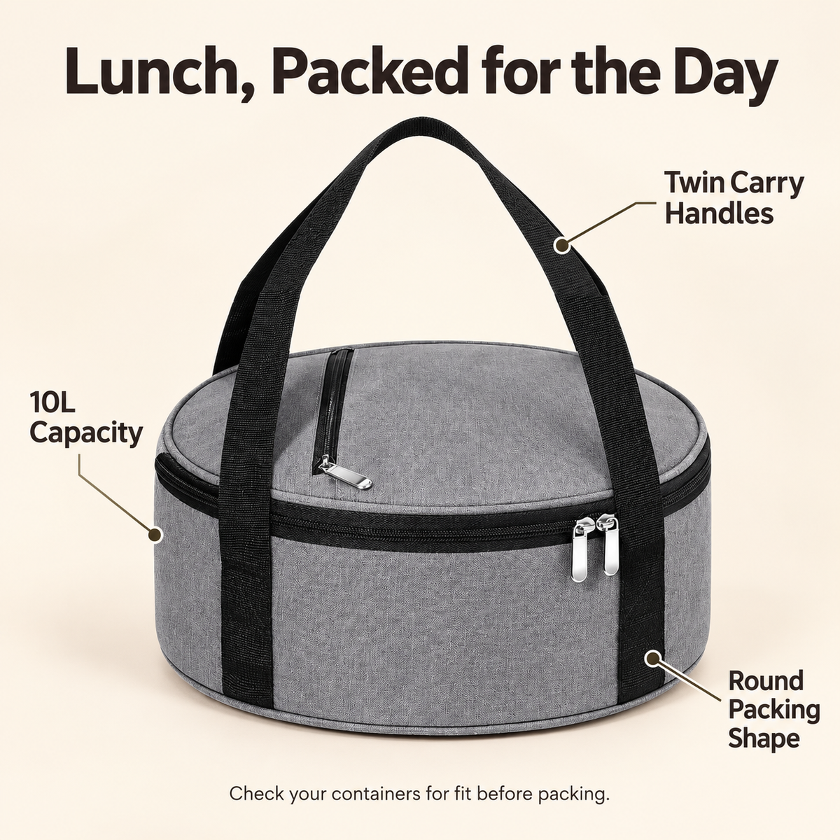 Round lunch bag features including10L capacity and twin handles