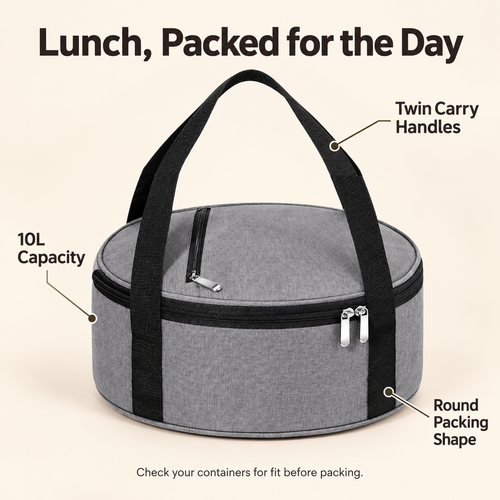 Round lunch bag features including10L capacity and twin handles