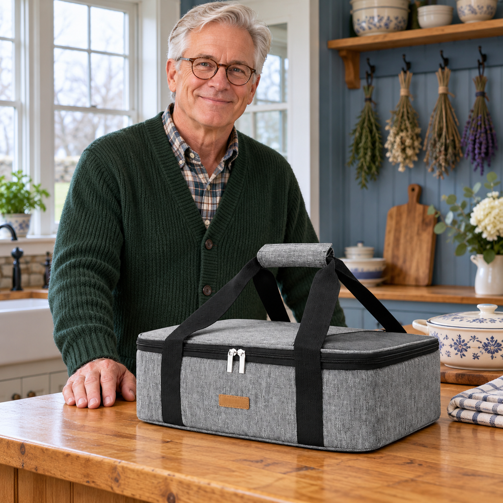 Gray casserole carrier in a New England farmhouse kitchen