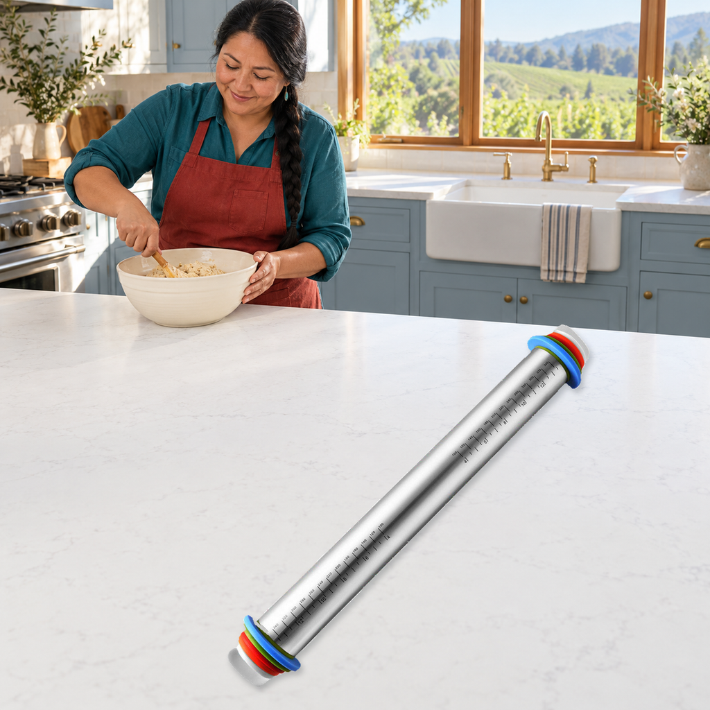 Original rolling pin composited into a home dough preparation scene