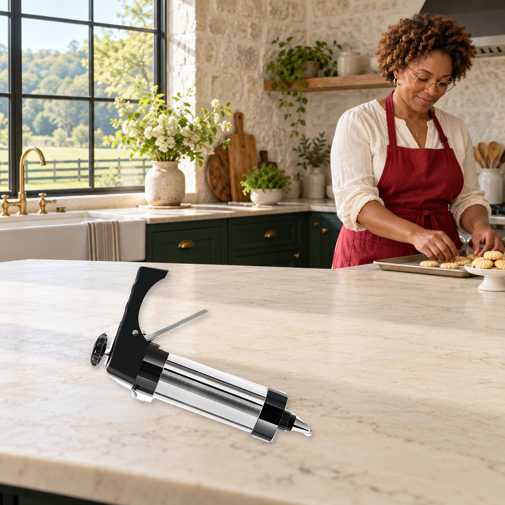 Original black-handled press resting on a Nashville home kitchen counter