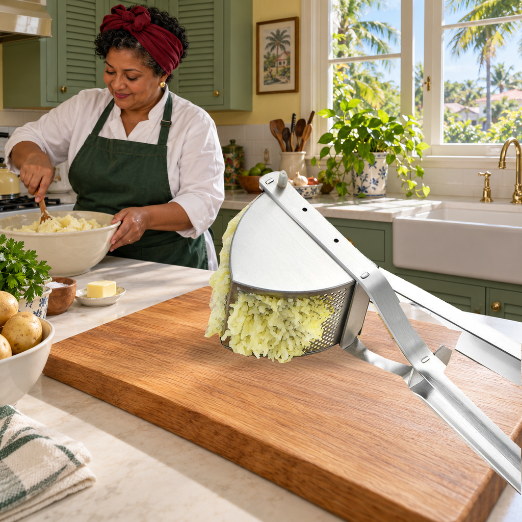 Original ricer on a cutting board during potato preparation in a Tampa kitchen