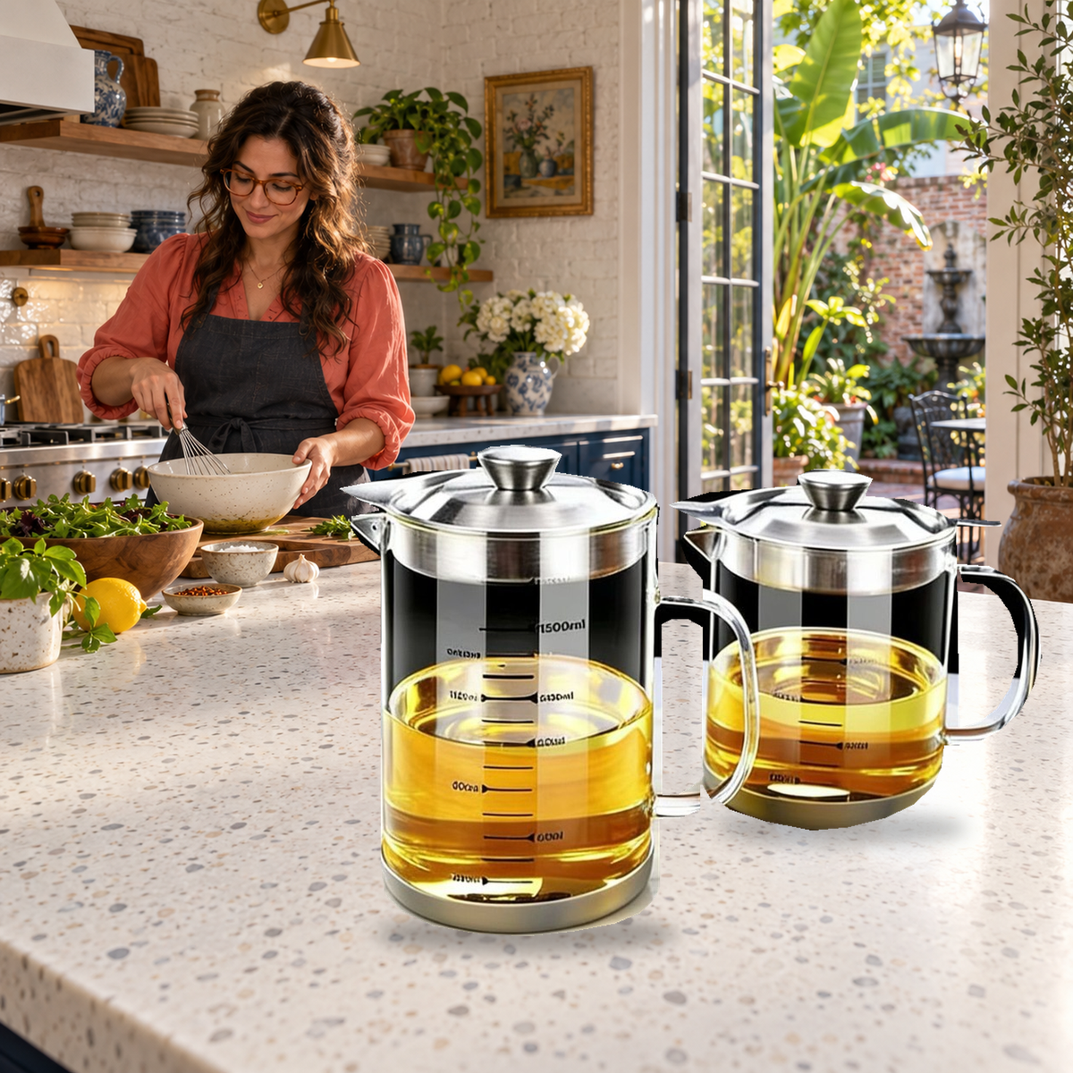 Original pair of oil jugs beside salad preparation in a New Orleans kitchen