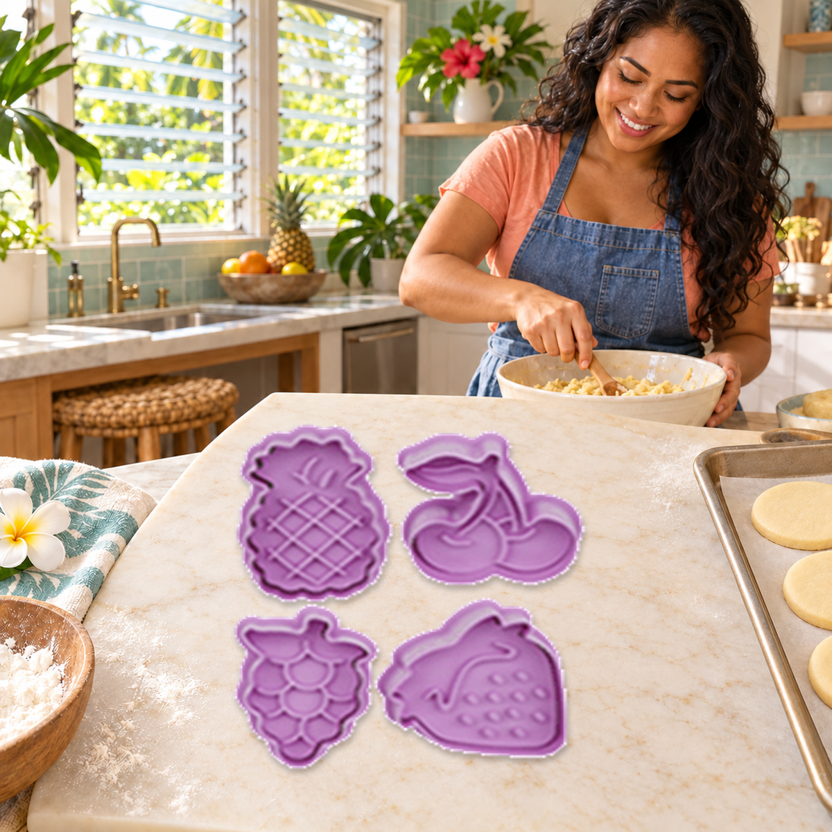 Four original Fruit cutters on a Honolulu kitchen baking counter