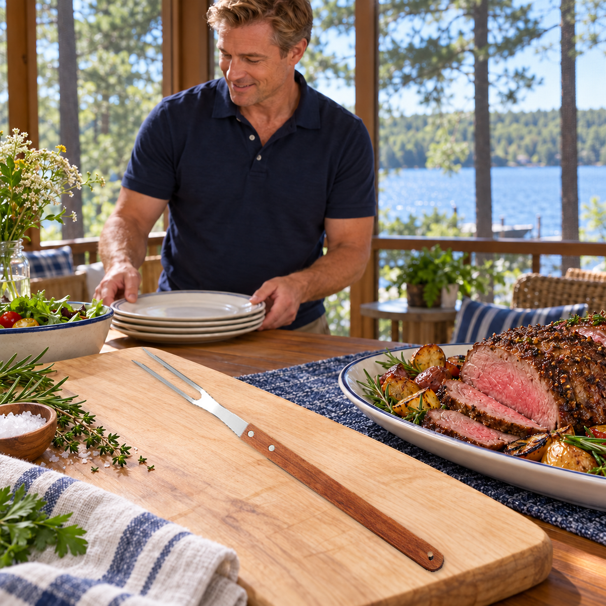 Representative carving fork beside roast serving in a Minnesota cabin setting