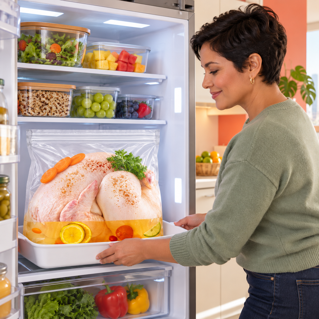 Closed brining bag supported in a tray beside a Miami kitchen refrigerator